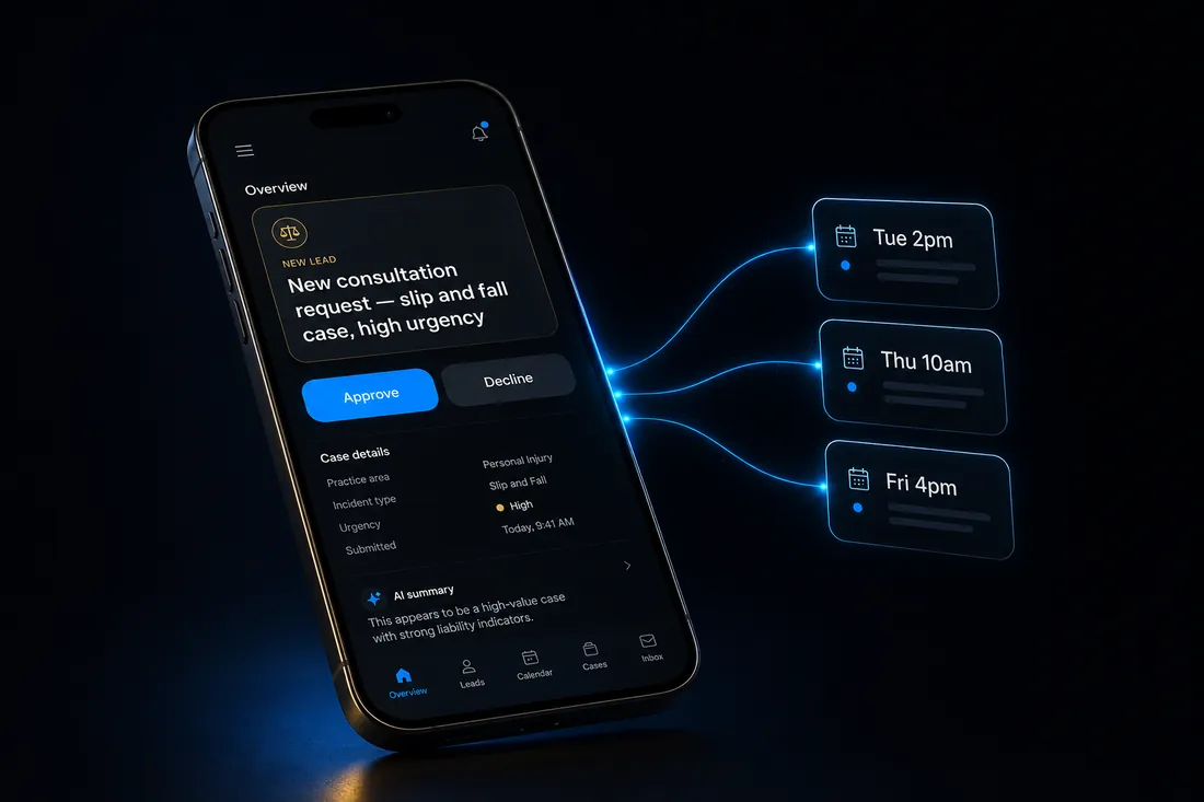 One-tap intake triage and booking approval on a phone