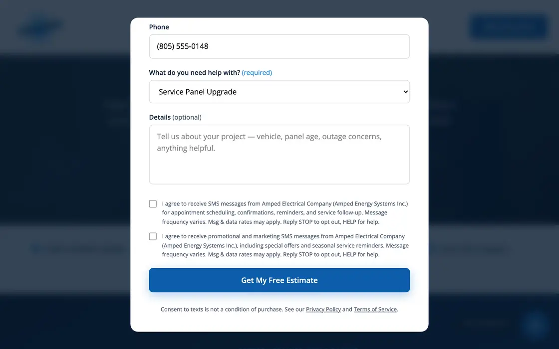 The Amped Electrical quote form, service chosen and ready to send