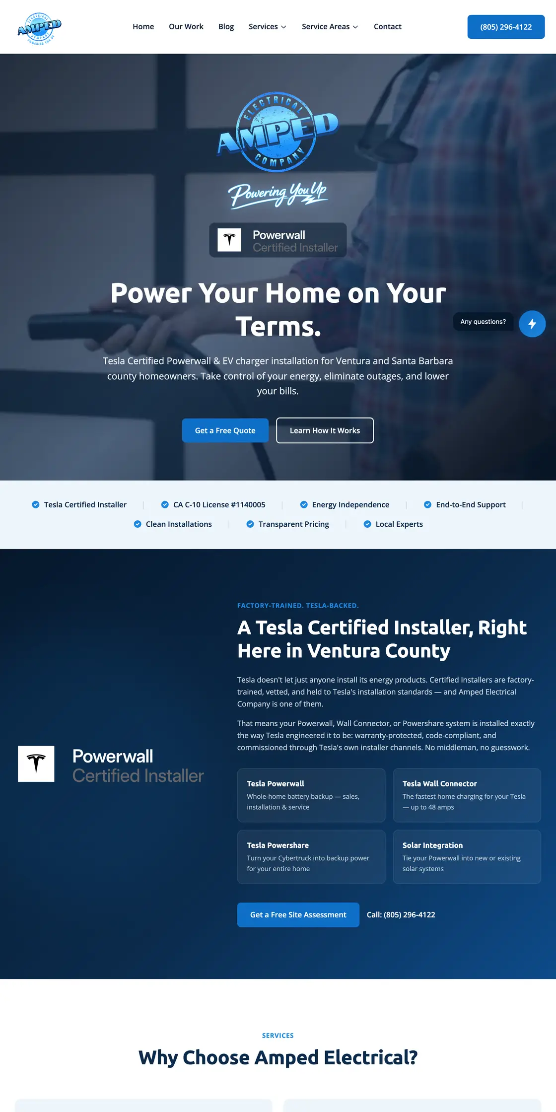 Amped Electrical website homepage on desktop