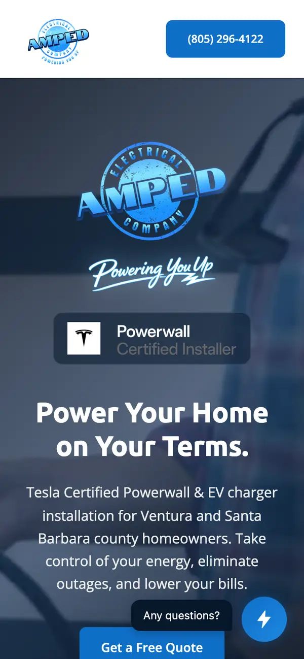 Amped Electrical website homepage on a phone