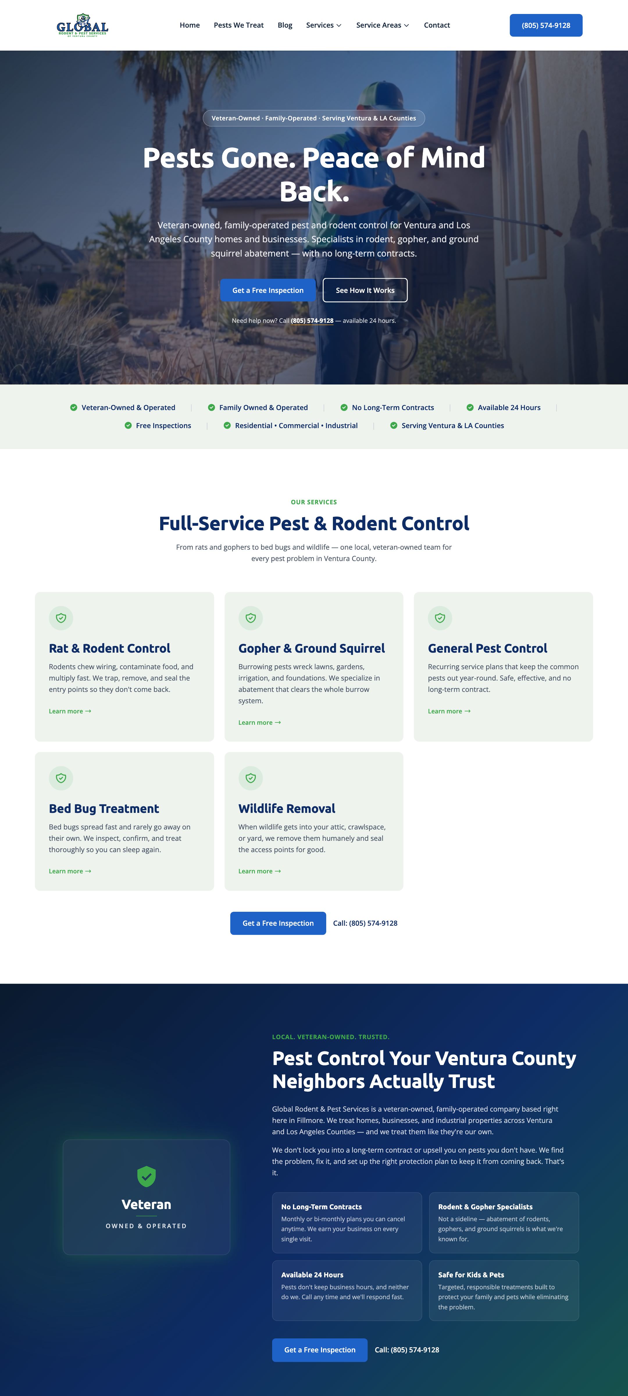 Global Rodent & Pest Services website — veteran-owned pest control for Ventura and LA counties