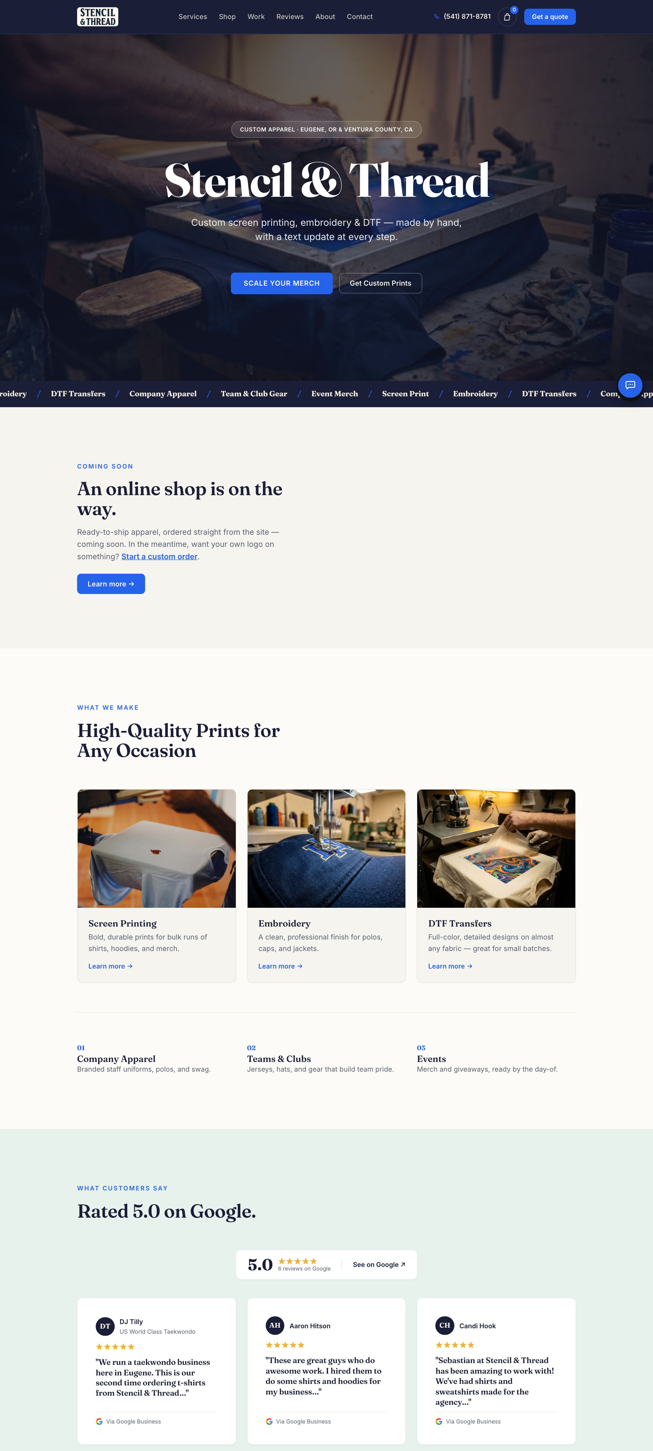 Stencil & Thread website — custom screen printing, embroidery, and DTF transfers